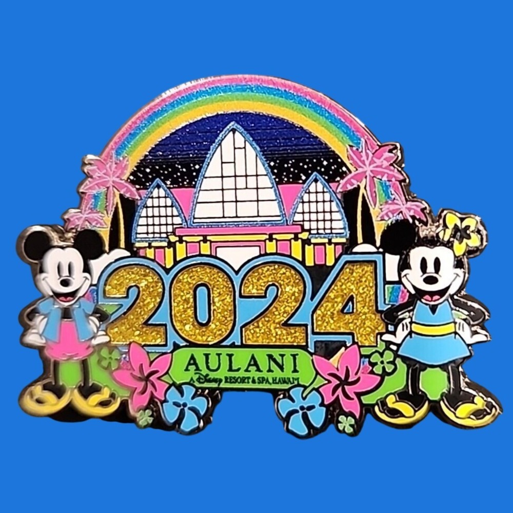 Disney Aulani Resort 2024 Mickey Minnie Mouse Rainbow Glitter Enamel Pin Hawaii